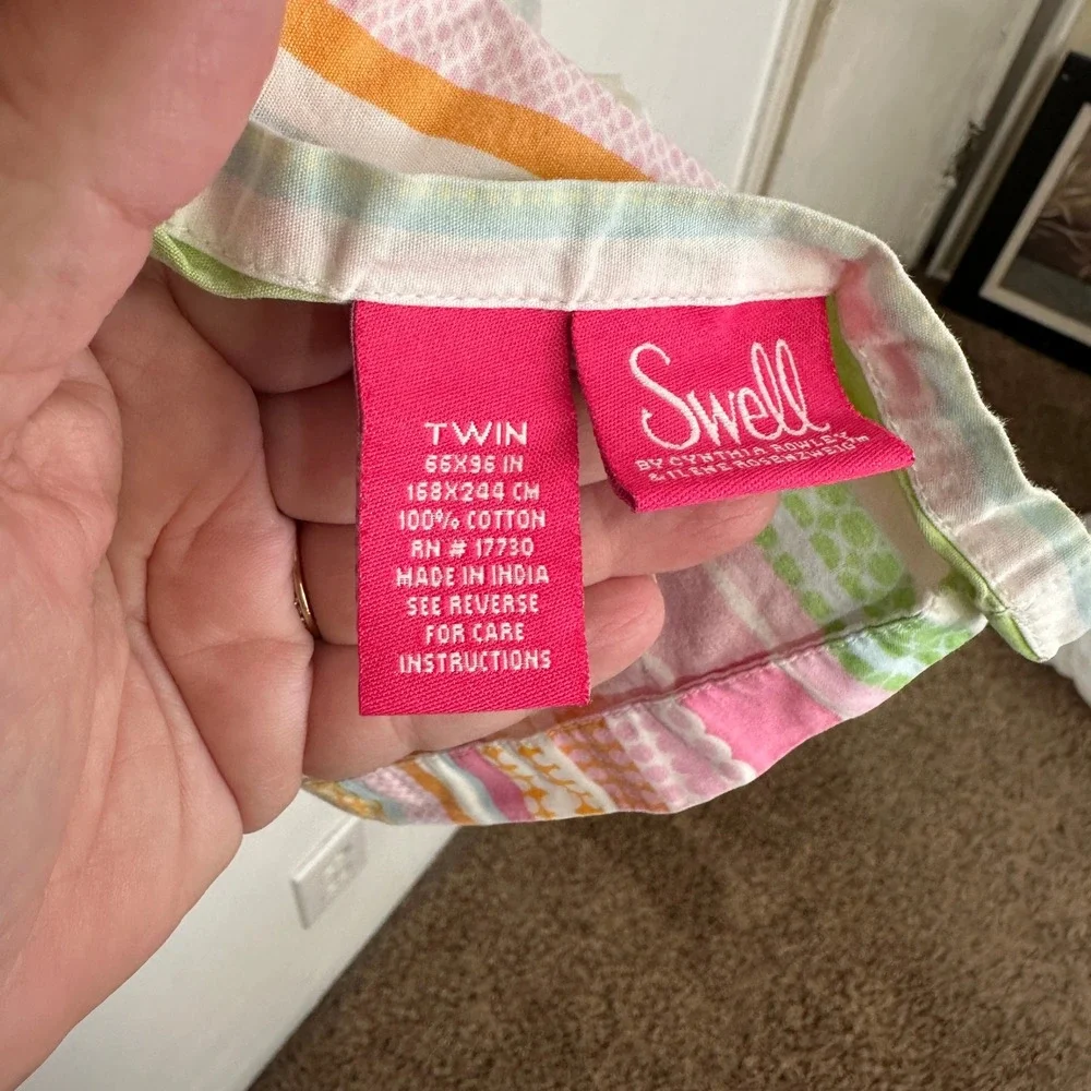 Swell Cynthia Rowley Twin Flat Sheet Cotton Pink Green Orange Stripe Bedding